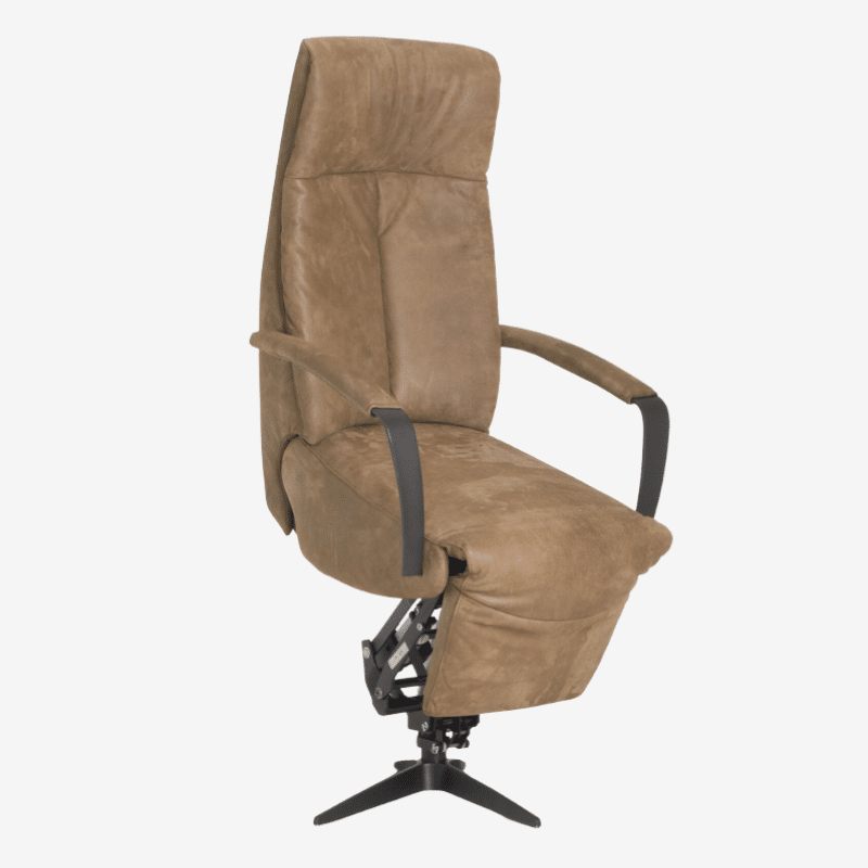 relaxstoel coralda met sta op en open arm op een draaivoet met een accu in stoffen bekleding